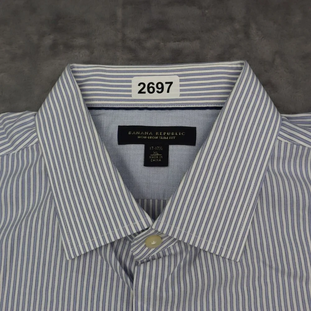 Banana Republic Shirt Mens XL 17 17.5 Blue Plaid Slim Fit Button Up Dress